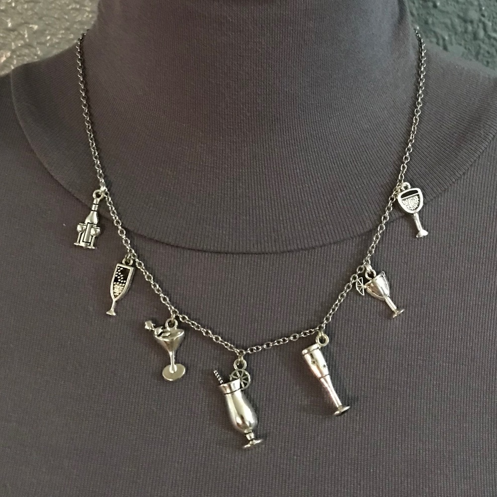 "Cocktail Party" Handmade Silver Charm Necklace Champagne Martini Margarita Wine
